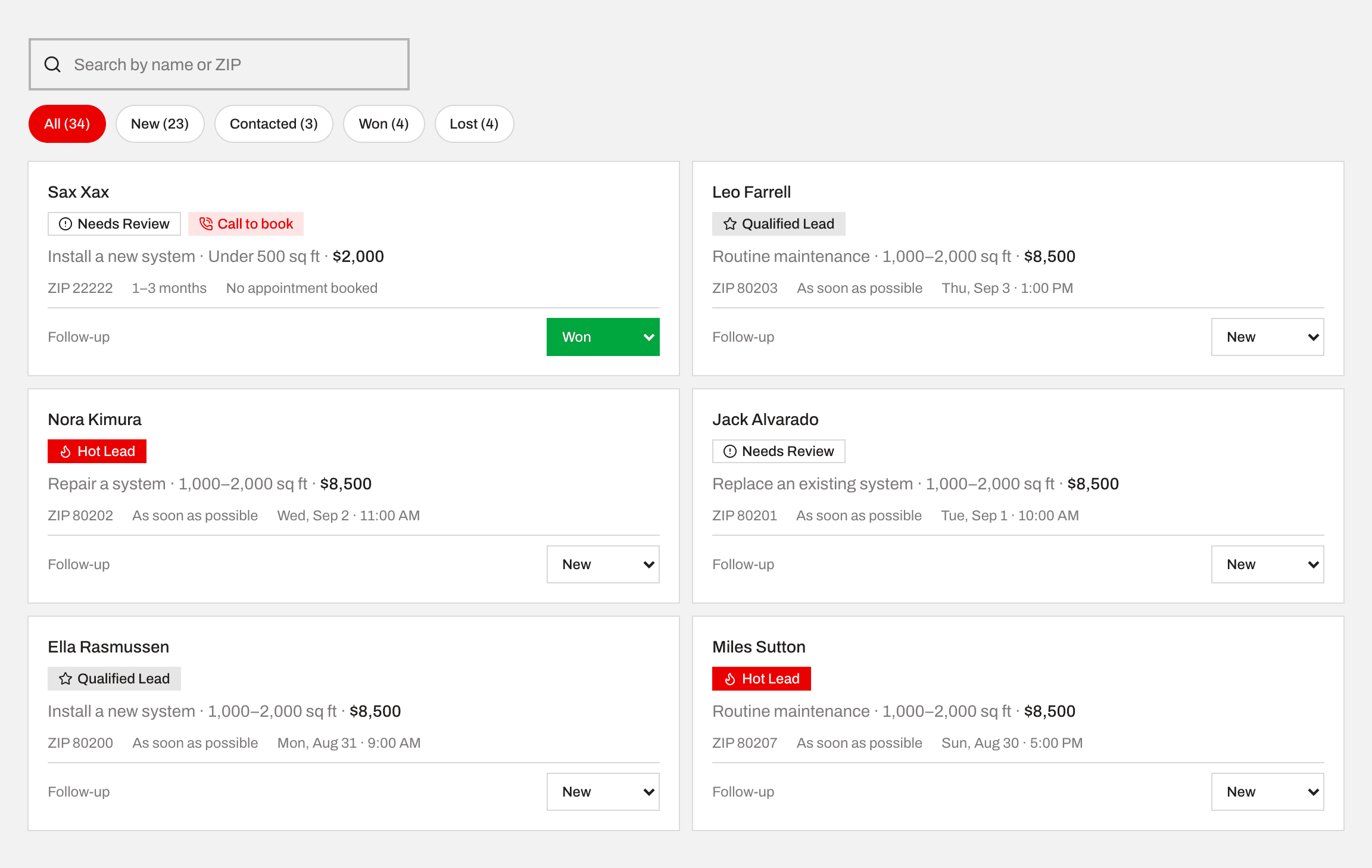 The leads list with a search bar, follow-up status filter pills (All, New, Contacted, Won, Lost), and lead cards showing name, qualification badge, project, and estimated value